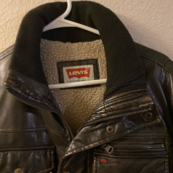 New mens Levi's Brown Sherpa Lined zip button Bomber Coat Jacket Size Large - Picture 4 of 15